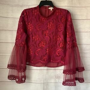 Peach Maroon Lace Blouse with Long Sleeve Sheer Bell Cuffs Crop Top Size XL